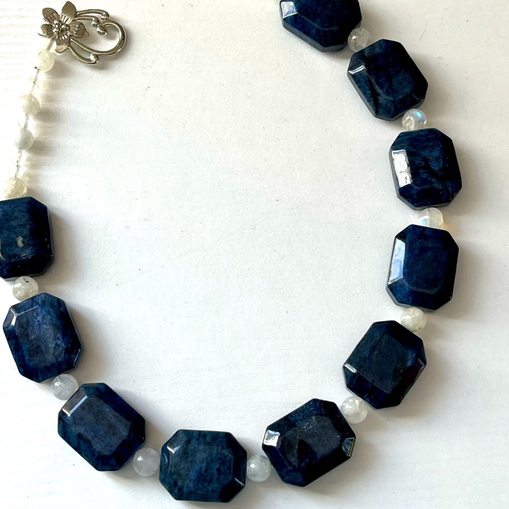 Blue stone and Moonstone Beaded Necklace with Toggle Clasp